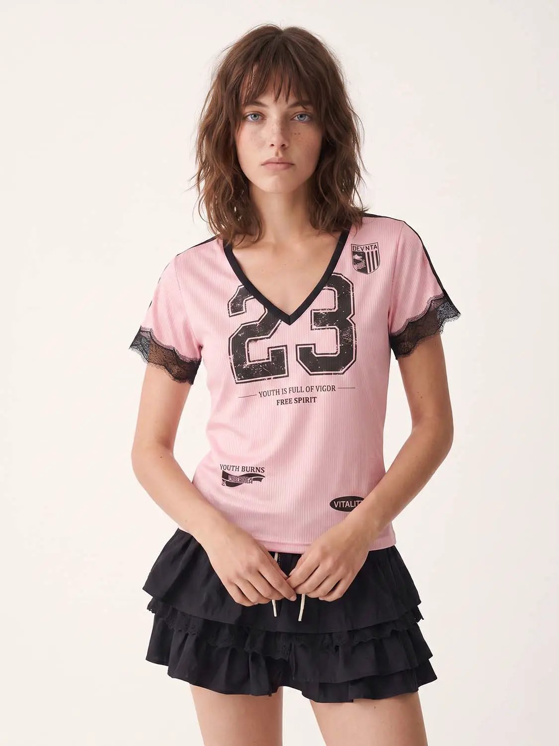 Distressed Number Graphic With Lace Sleeves T-shirt