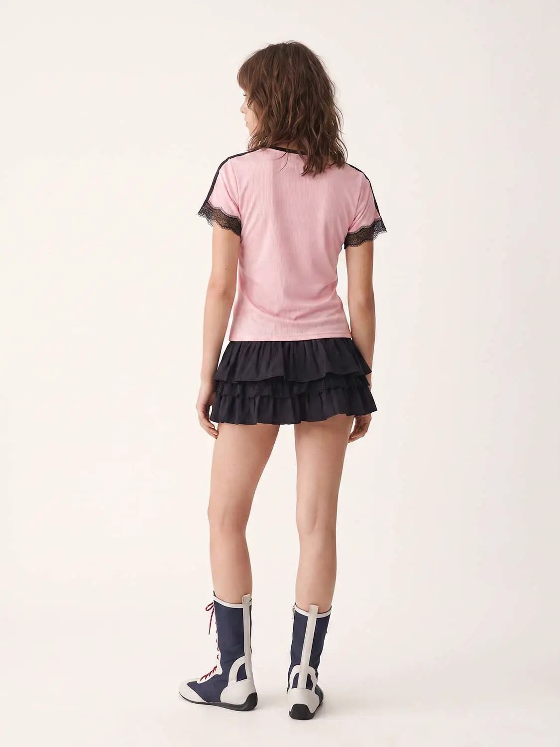 Distressed Number Graphic With Lace Sleeves T-shirt