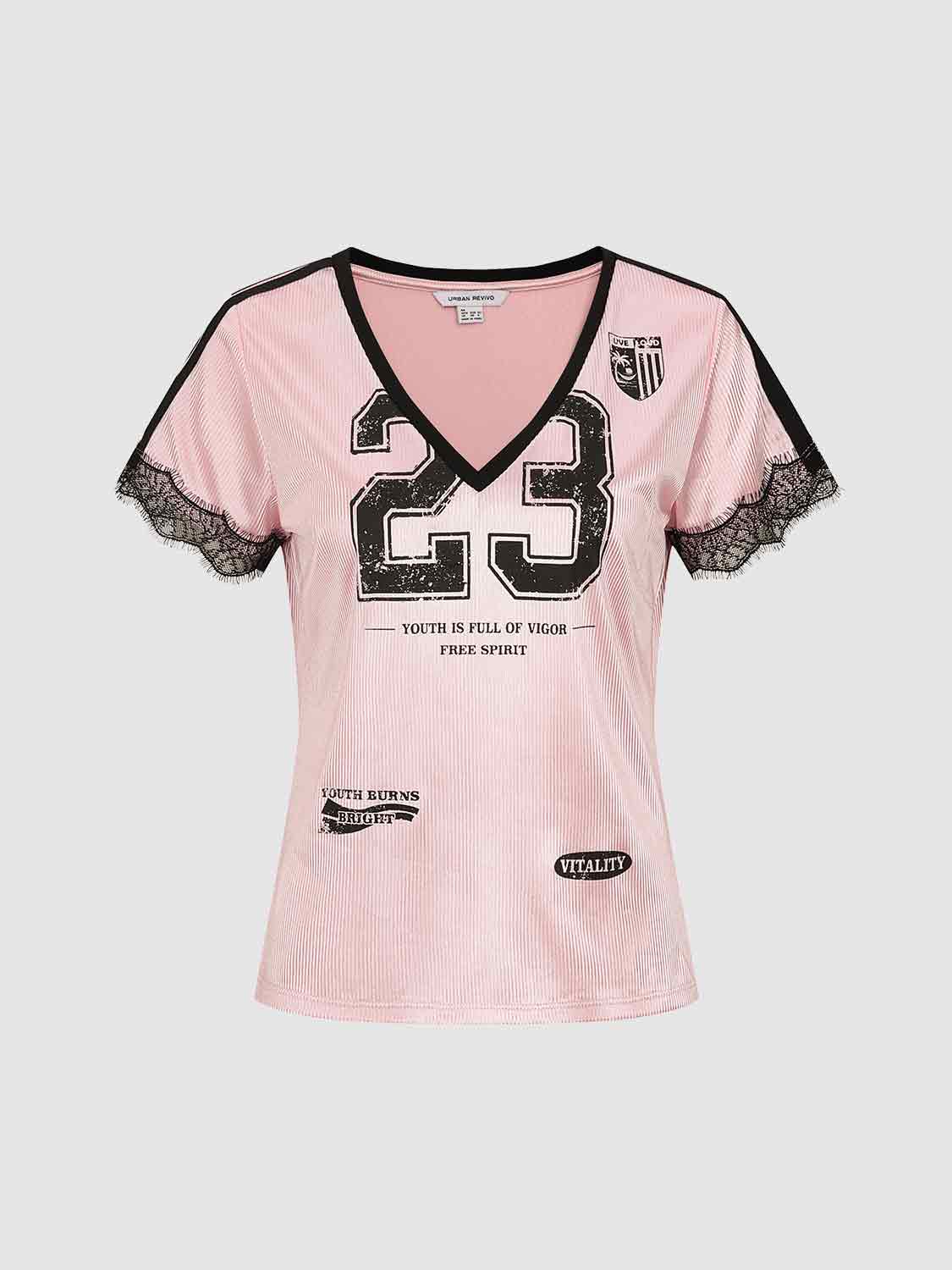 Distressed Number Graphic With Lace Sleeves T-shirt