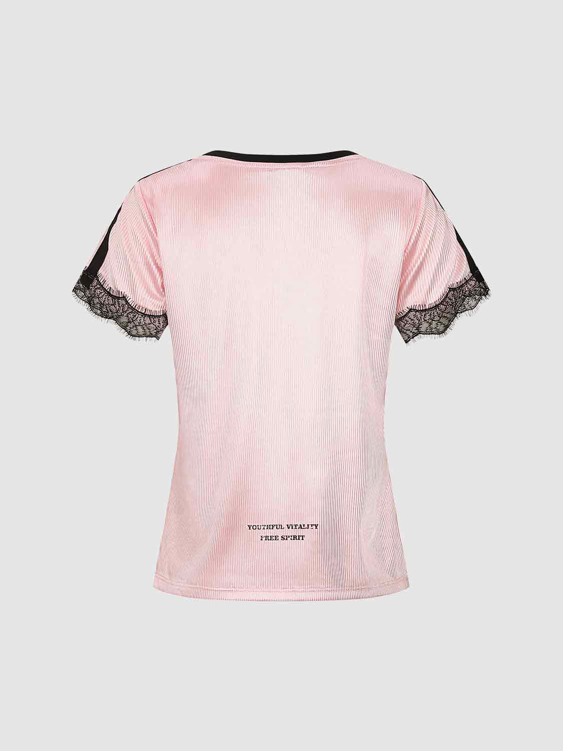 Distressed Number Graphic With Lace Sleeves T-shirt