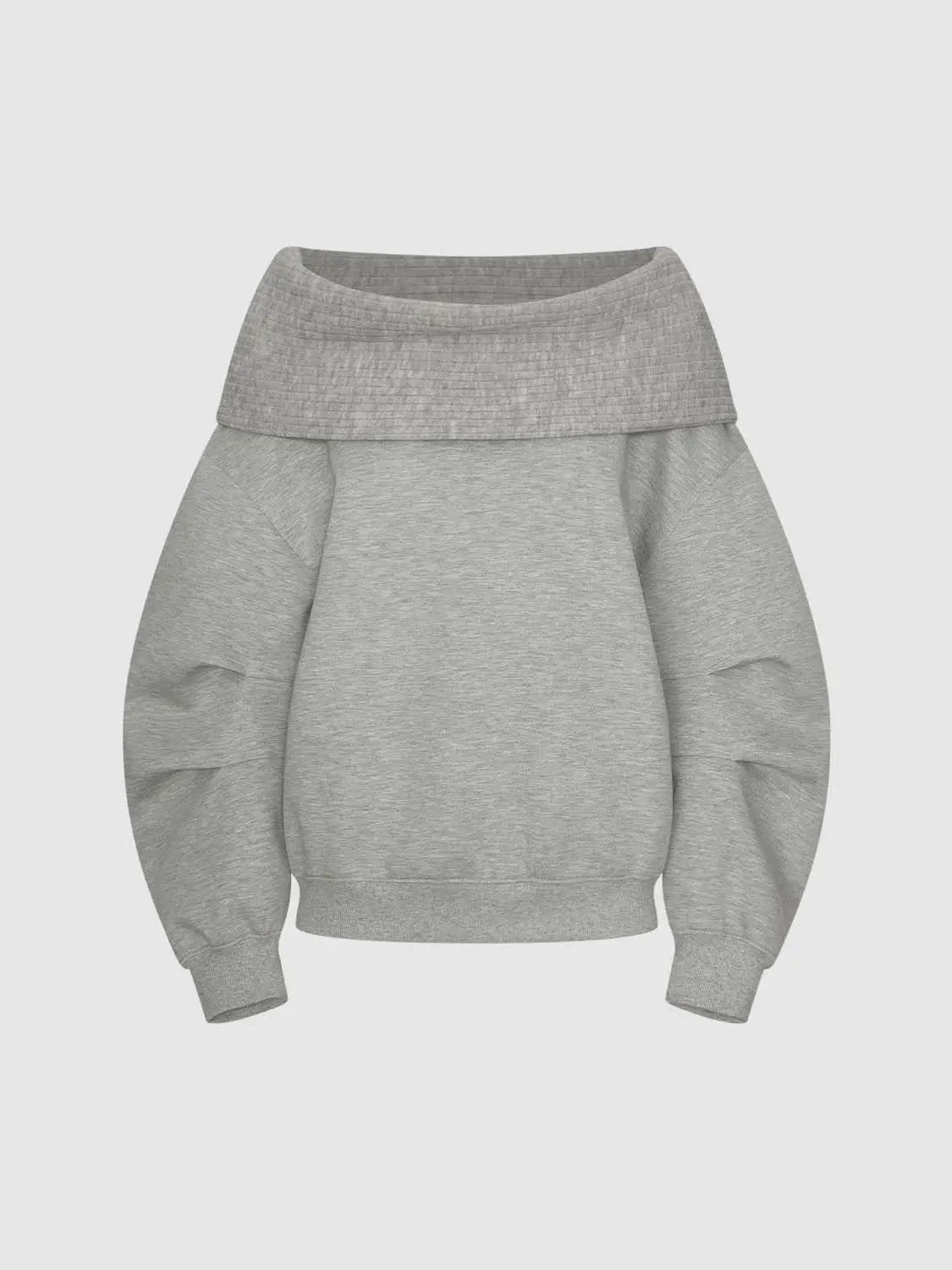 Folded Collar Off-Shoulder Long Sleeve Sweatshirt