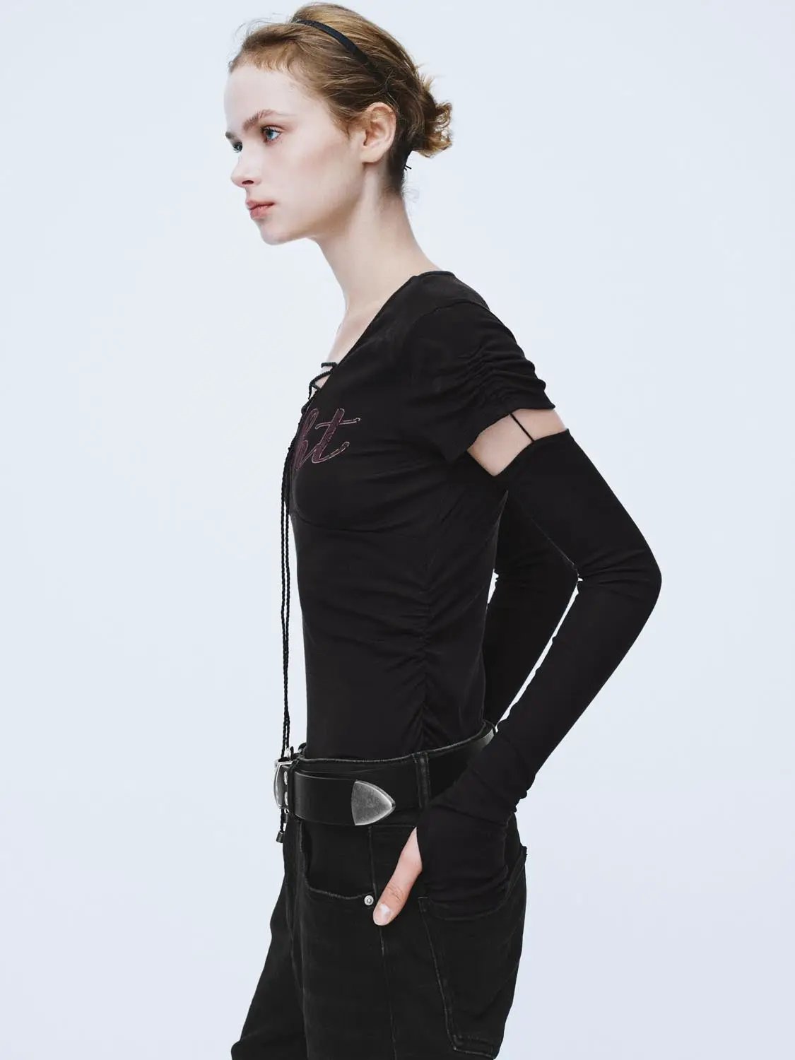 Lace-up Cut-out Text Print Fitted V-neck Long Sleeve T-Shirt