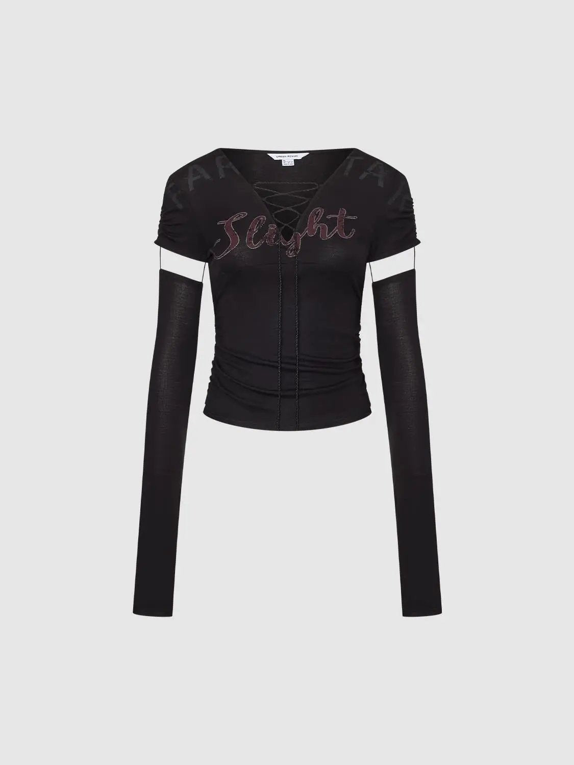 Lace-up Cut-out Text Print Fitted V-neck Long Sleeve T-Shirt