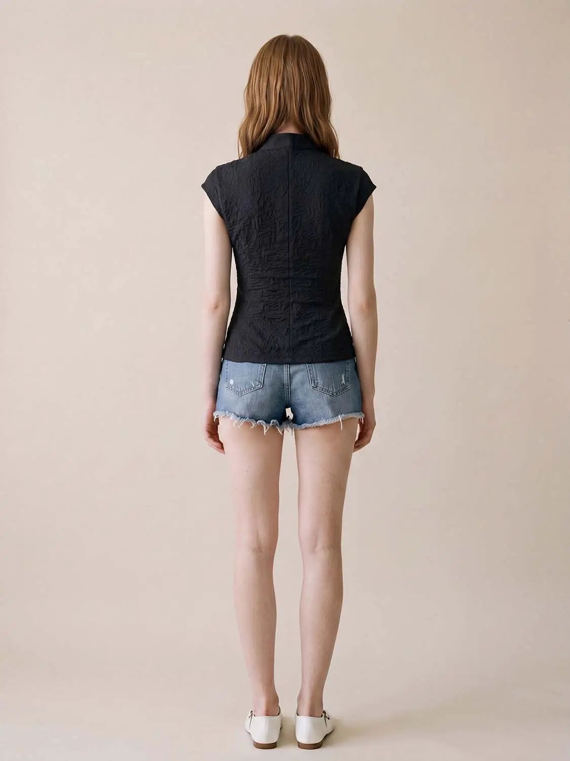 Textured Mandarin Collar Short Sleeve Blouse