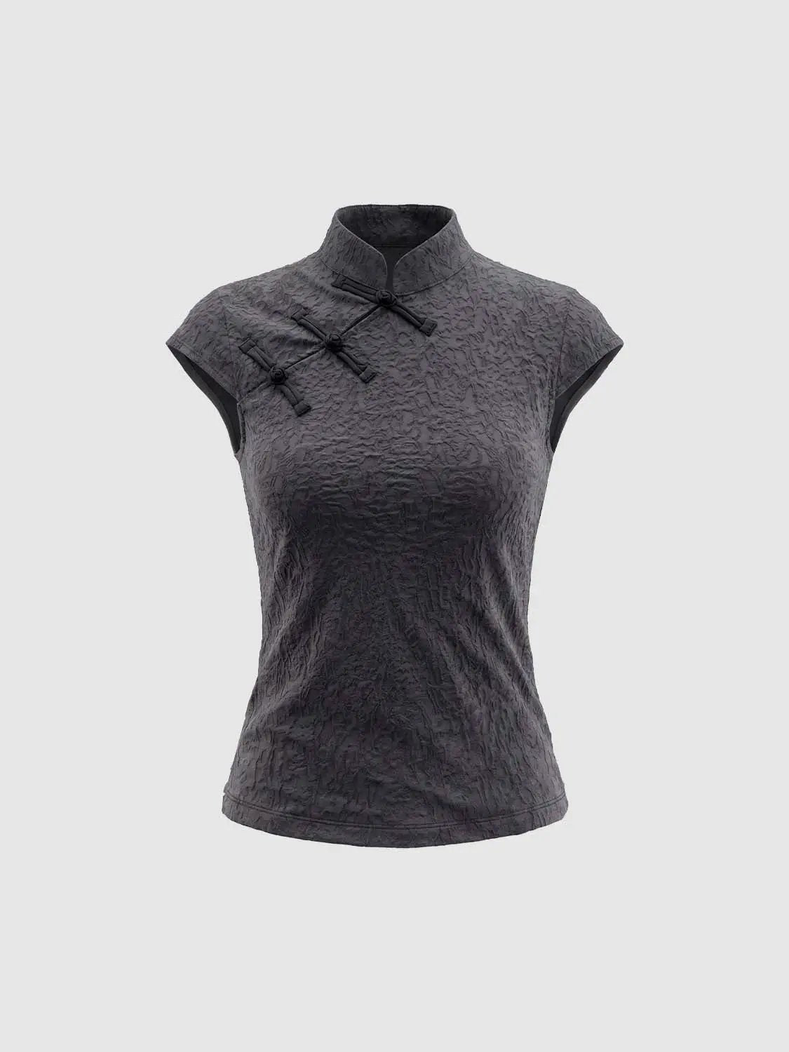 Textured Mandarin Collar Short Sleeve Blouse