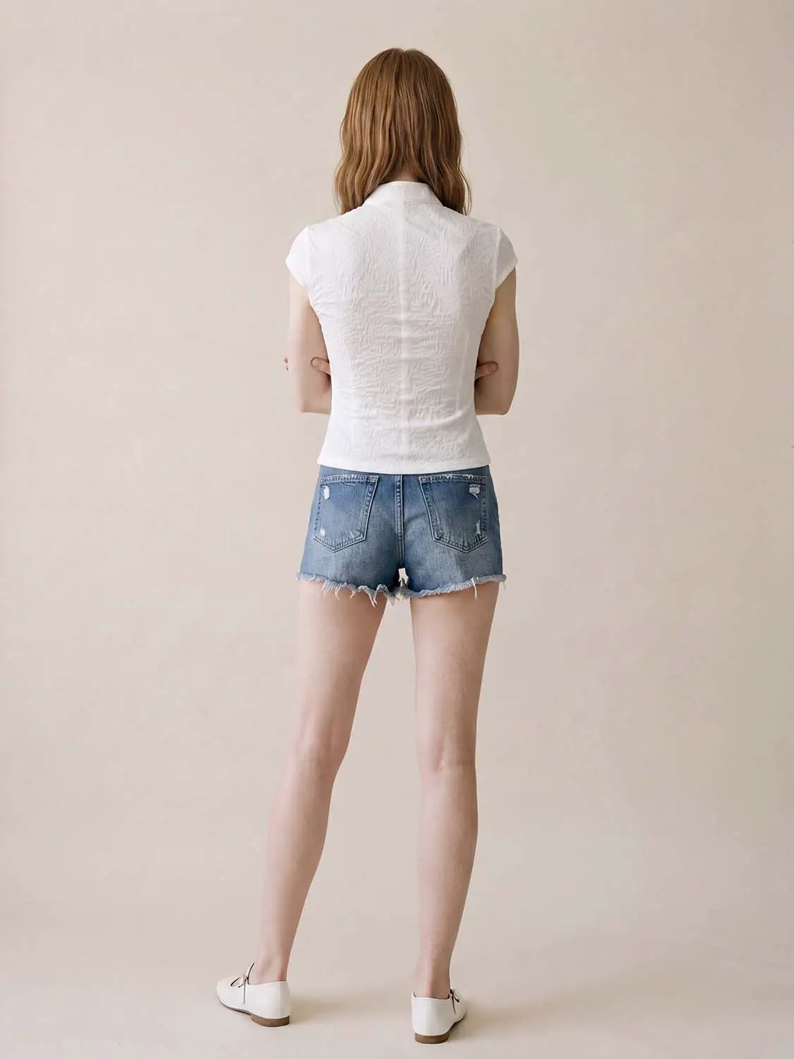 Textured Mandarin Collar Short Sleeve Blouse