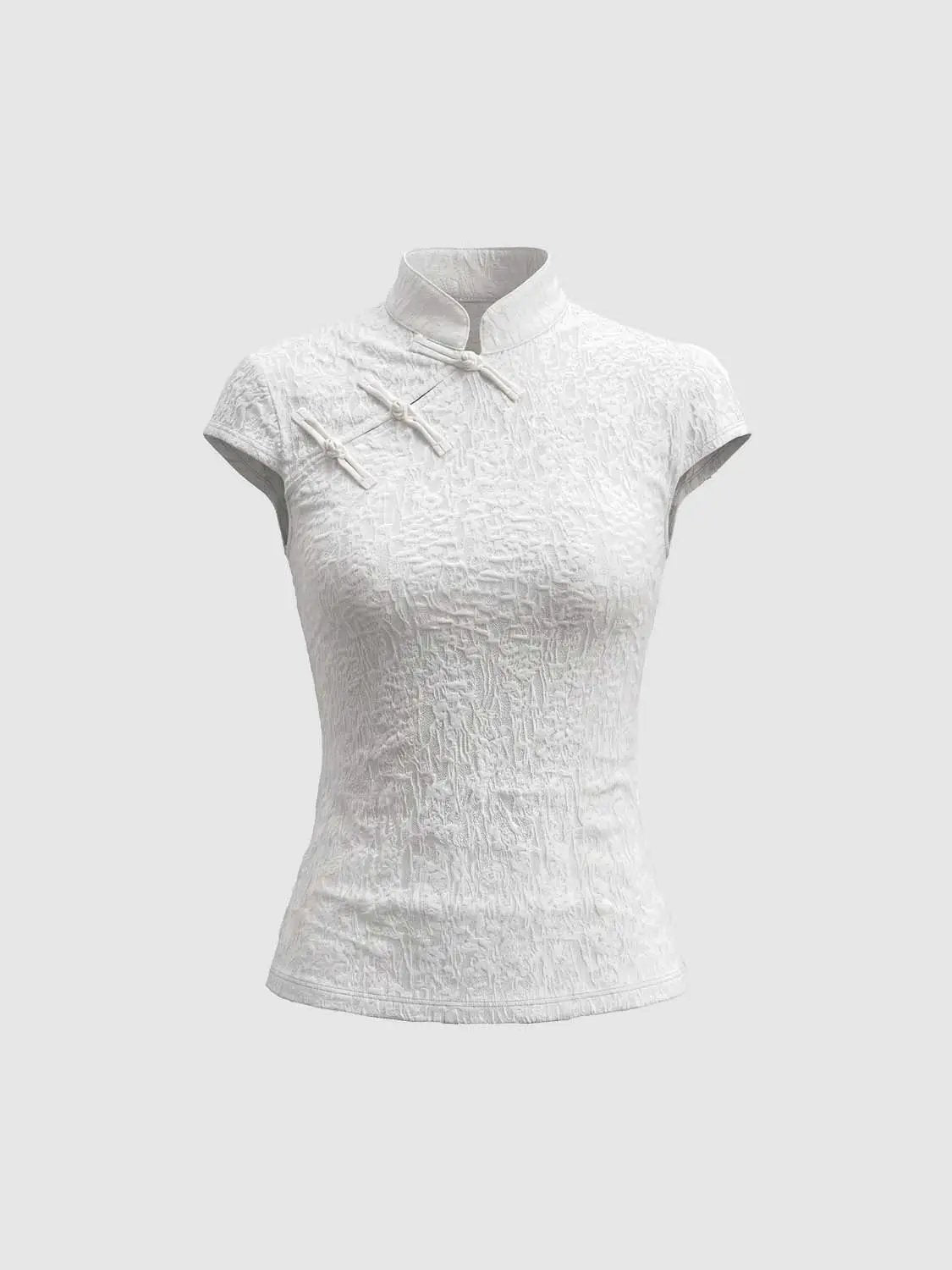 Textured Mandarin Collar Short Sleeve Blouse