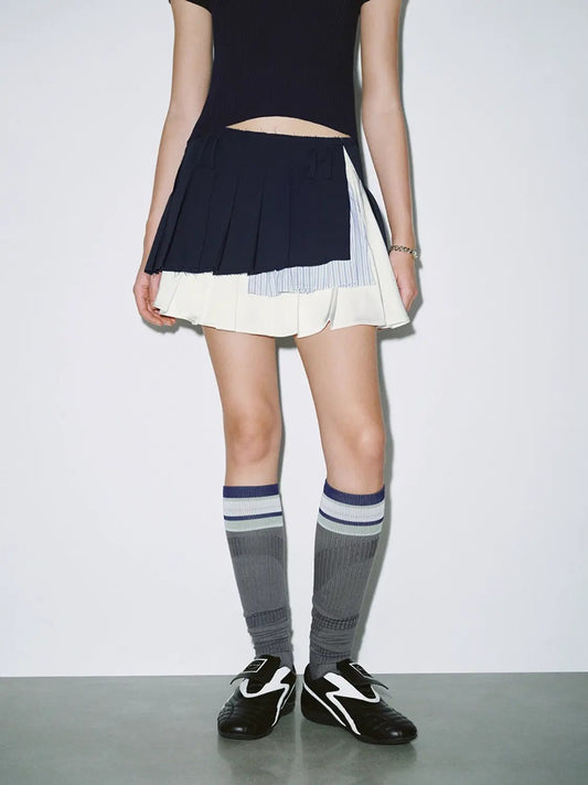 Stripe Paneled Layered Pleated Cotton Mini Skirt