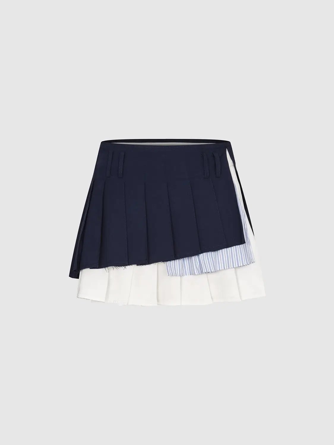Stripe Paneled Layered Pleated Cotton Mini Skirt