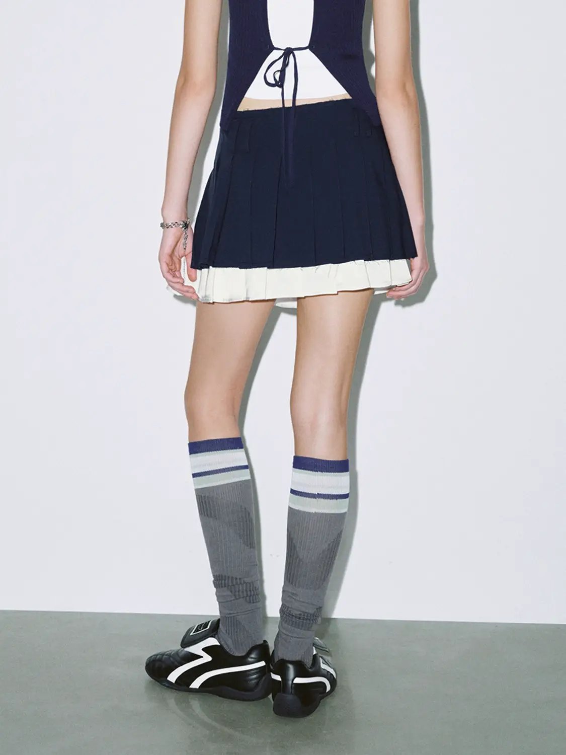 Stripe Paneled Layered Pleated Cotton Mini Skirt