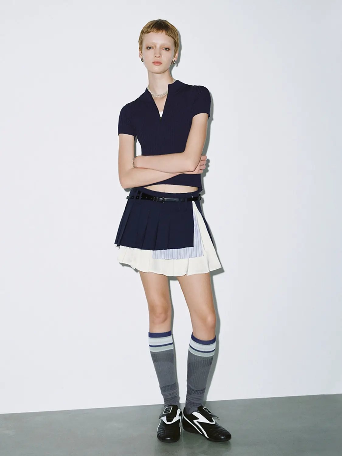 Stripe Paneled Layered Pleated Cotton Mini Skirt