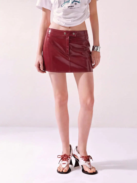Button Hardware Zip Fly A-Line Faux Leather Mini Skirt