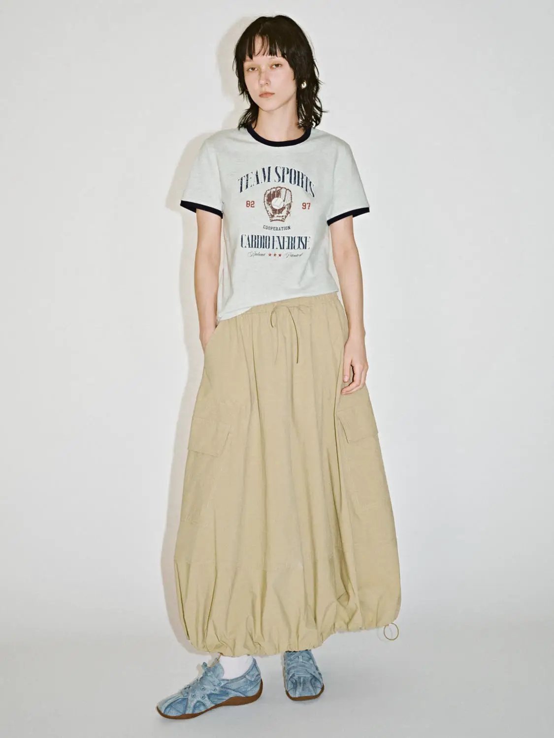 Drawstring Balloon Hem Loose-Fit Cotton Skirt