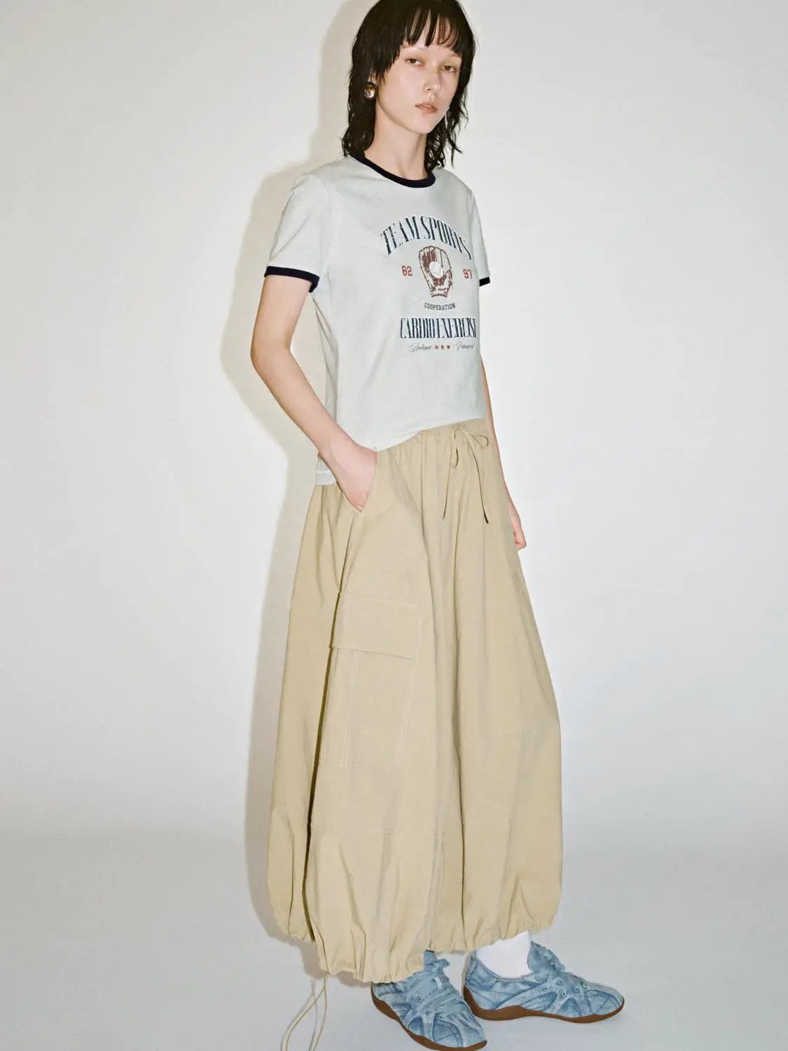 Drawstring Balloon Hem Loose-Fit Cotton Skirt