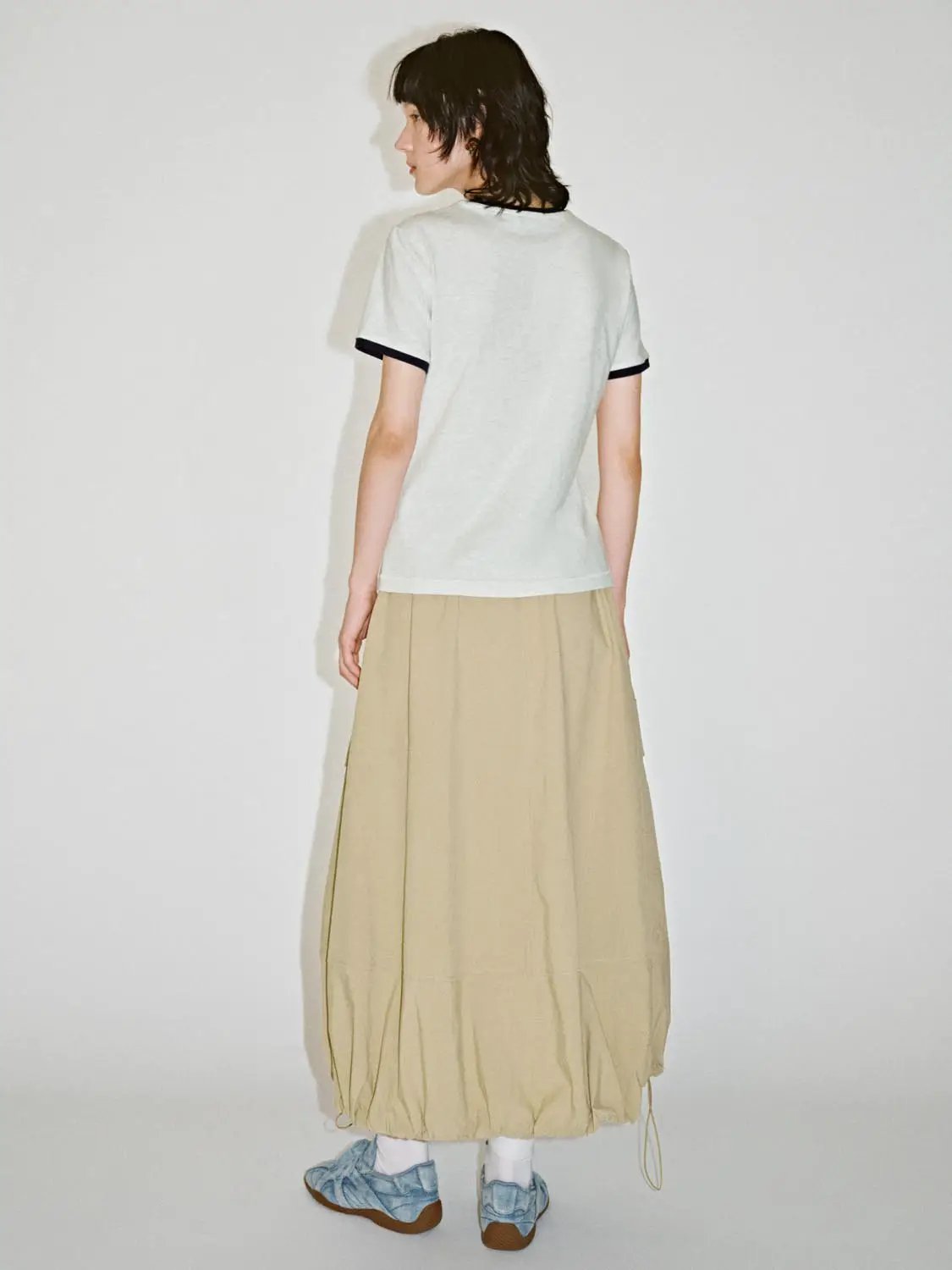 Drawstring Balloon Hem Loose-Fit Cotton Skirt
