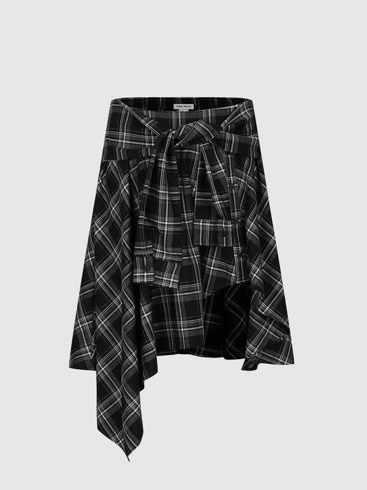 Contrast Check Knot Front A-Line Midi Skirt