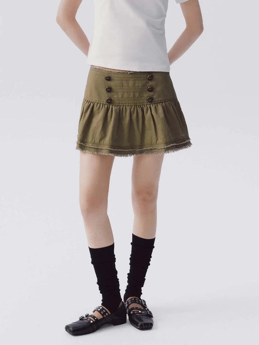 Button-Detail Pleated Frayed Hem Cotton Mini Skirt