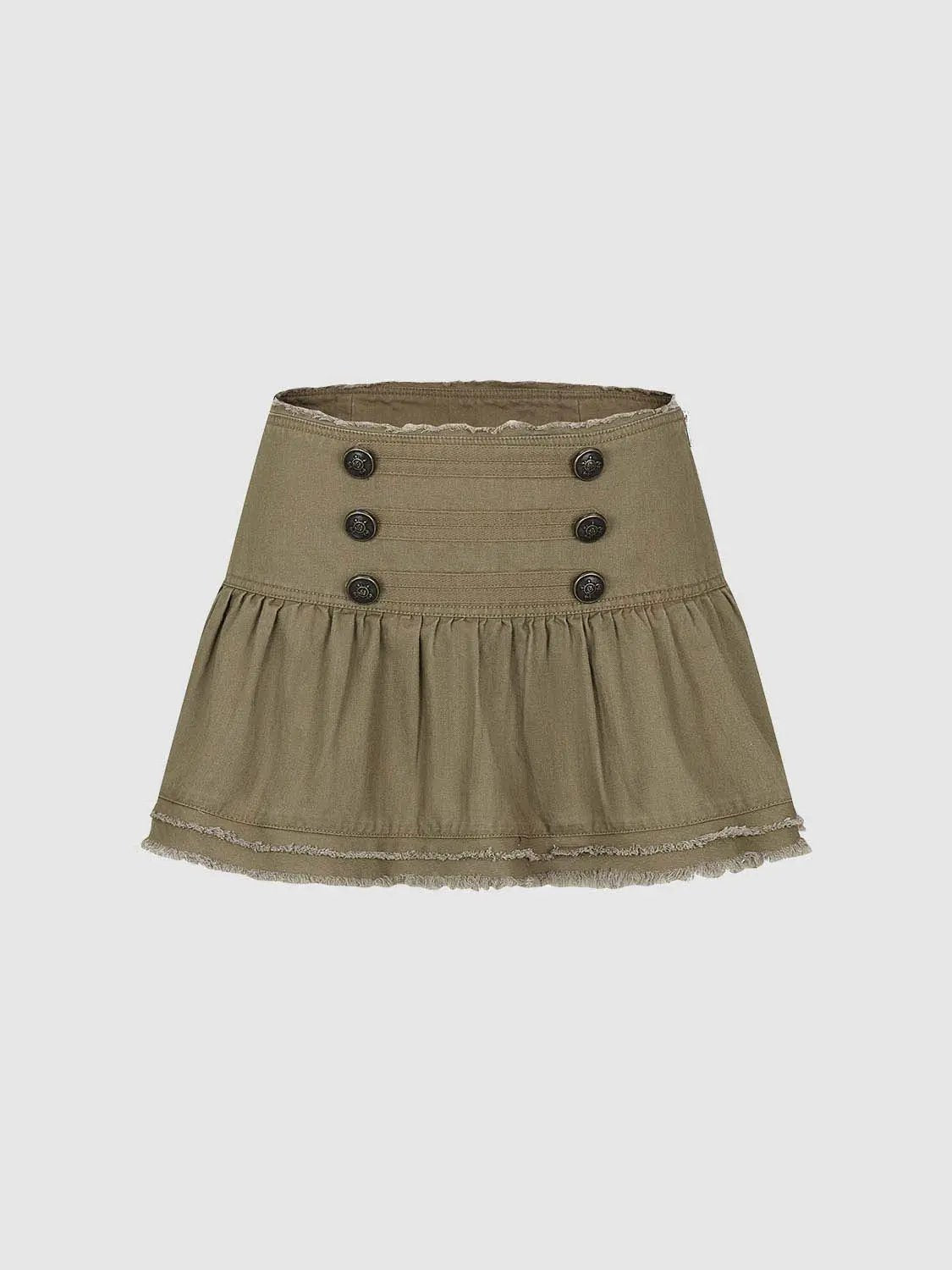 Button-Detail Pleated Frayed Hem Cotton Mini Skirt