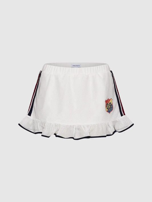 Side Stripe Embroidered Ruffle Hem A-line Mini Skirt