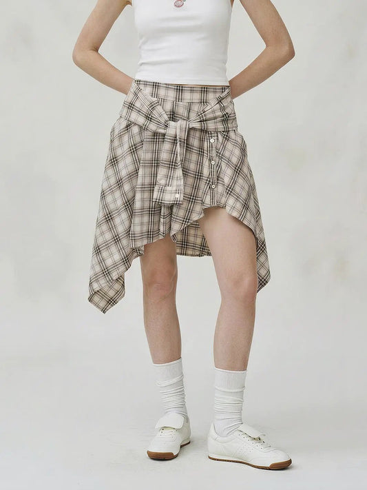Asymmetric Plaid Wrap A-line Cotton Belted Skirt
