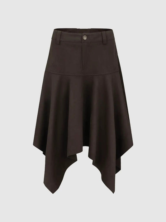 Single Button High-Waisted Asymmetric Hem A-Line Skirt