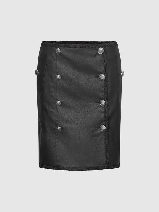 Double Button Front Straight Cotton Skirt