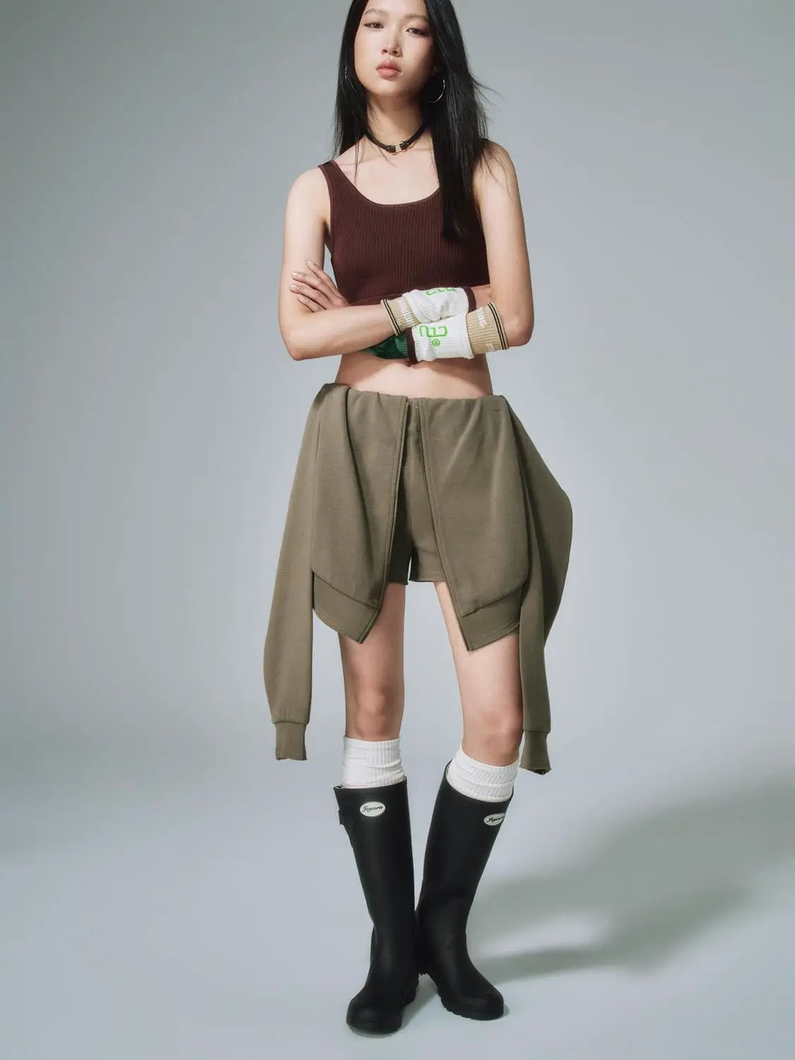 Cotton Thick Stretch Draped Overlay Panels With Front Zip And Side Ties Classic Shorts