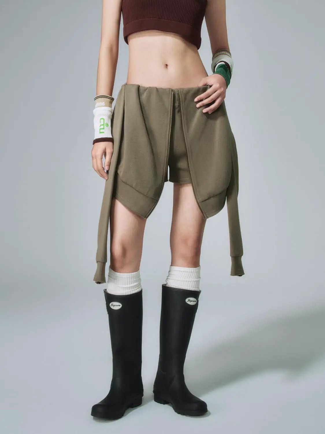 Cotton Thick Stretch Draped Overlay Panels With Front Zip And Side Ties Classic Shorts