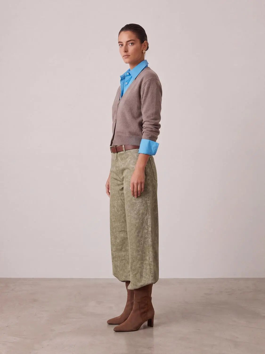 Button Fly Waist Textured Stretch Cotton Straight Leg Pants