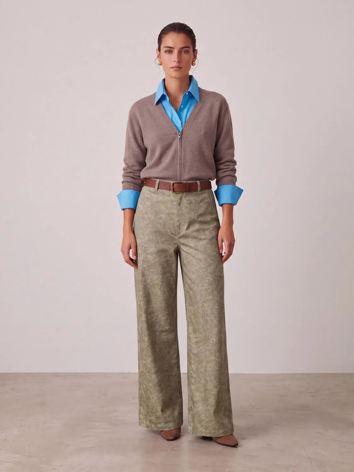 Button Fly Waist Textured Stretch Cotton Straight Leg Pants