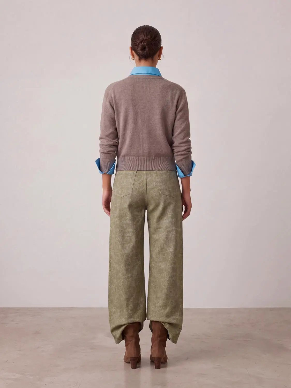 Button Fly Waist Textured Stretch Cotton Straight Leg Pants