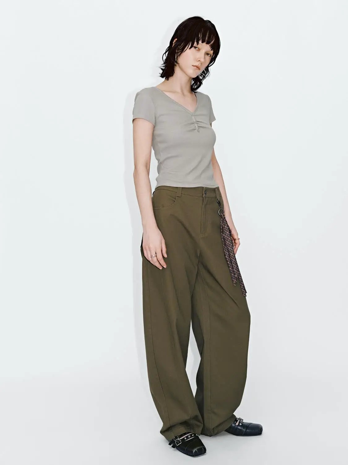 Cotton Barrel Leg Silhouette Pants