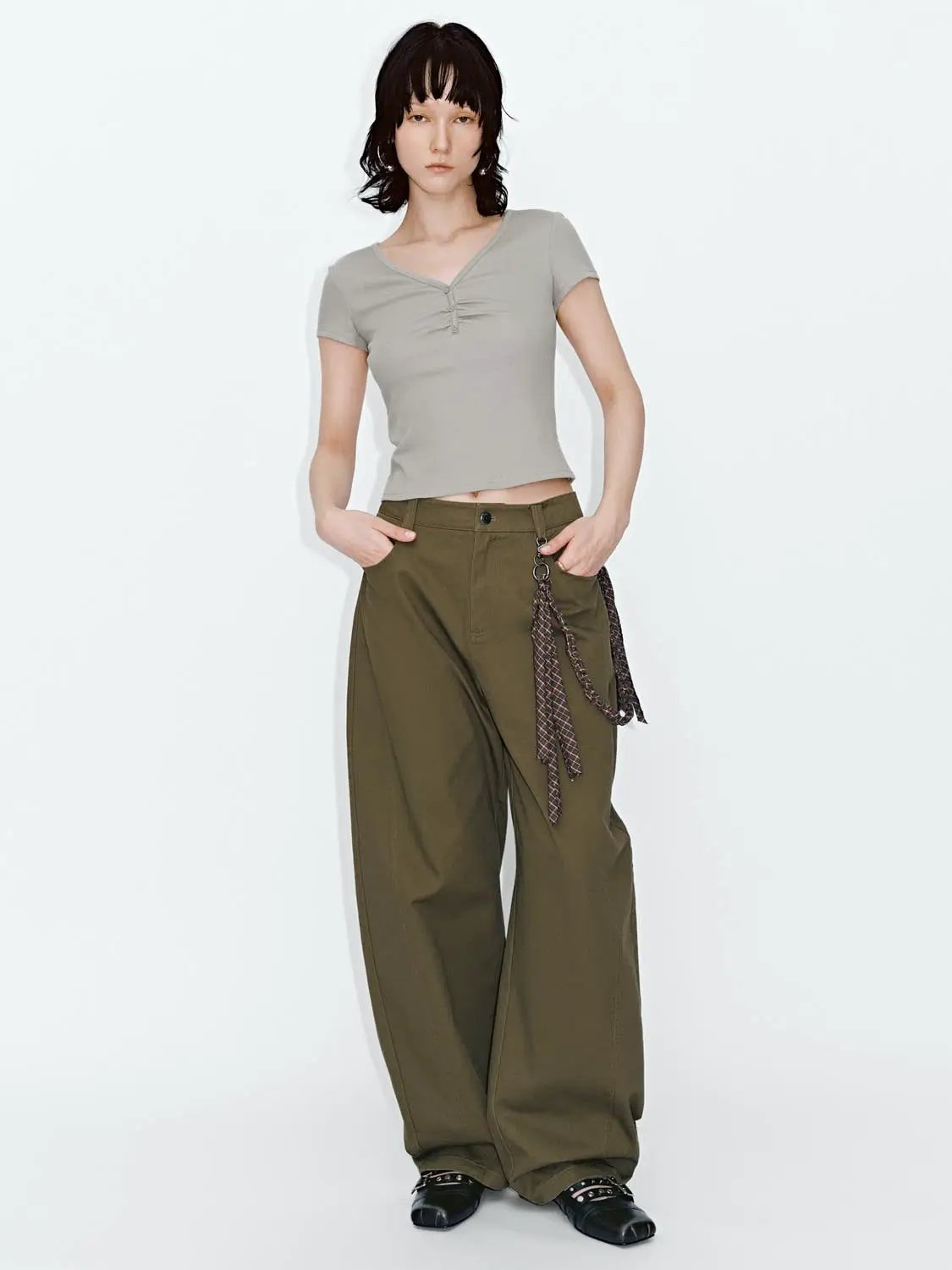 Cotton Barrel Leg Silhouette Pants