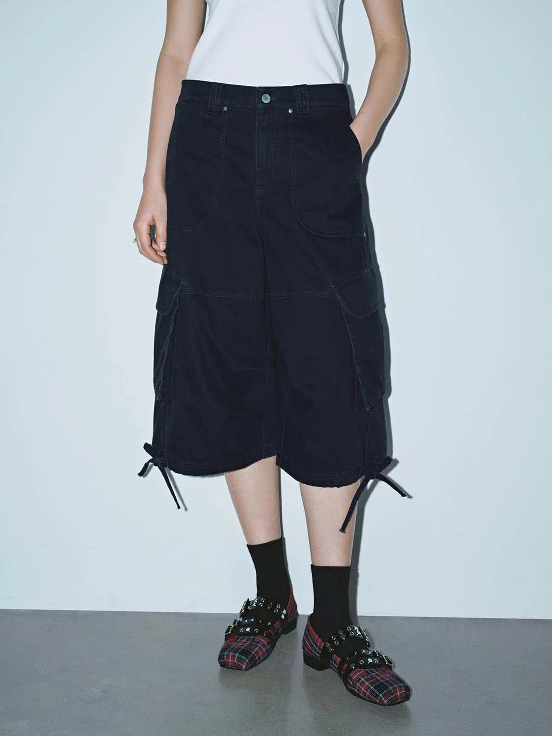 Multi Pocket Drawstring Hem Wide Leg Cargo Culottes