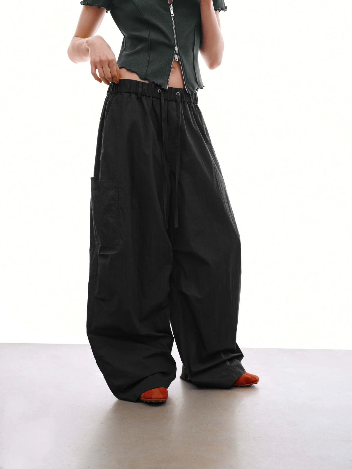 Drawstring Pull On Patch Pocket Barrel Leg Pants