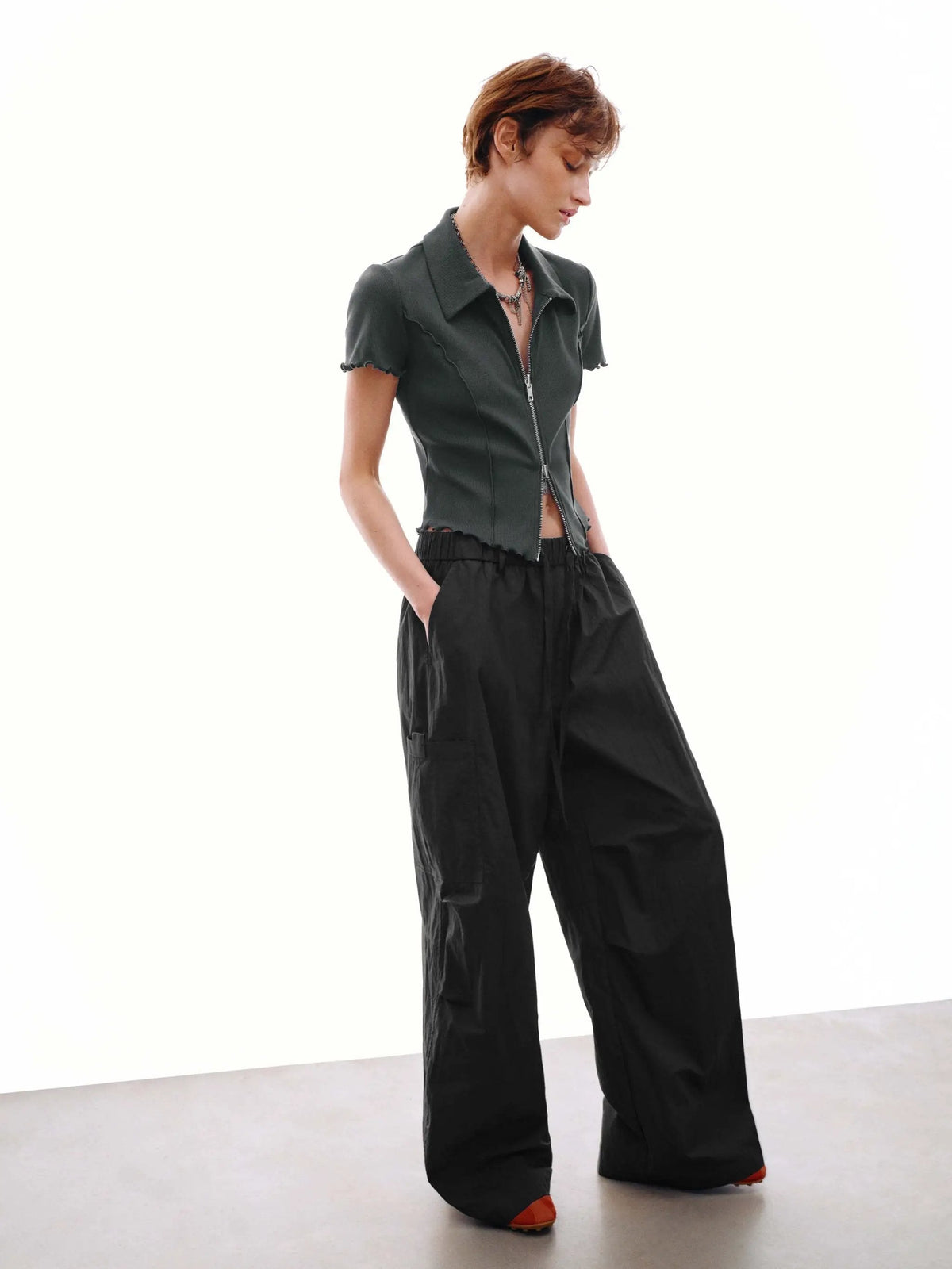 Drawstring Pull On Patch Pocket Barrel Leg Pants