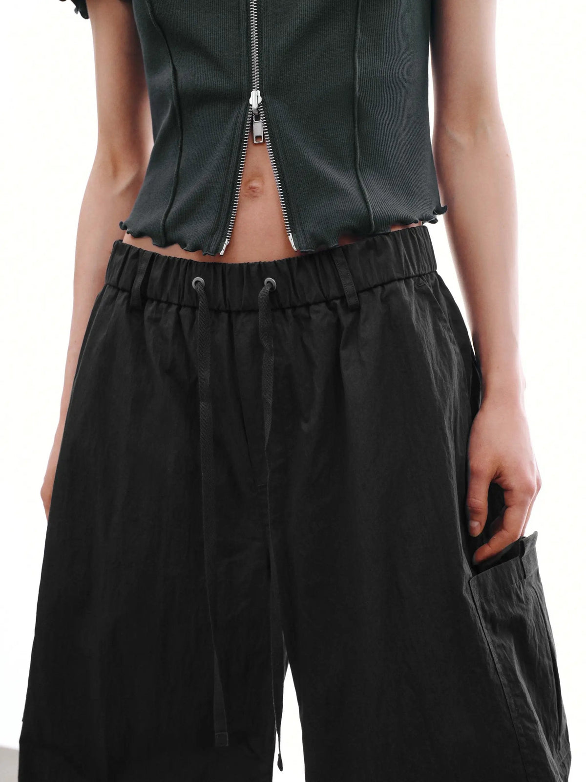 Drawstring Pull On Patch Pocket Barrel Leg Pants