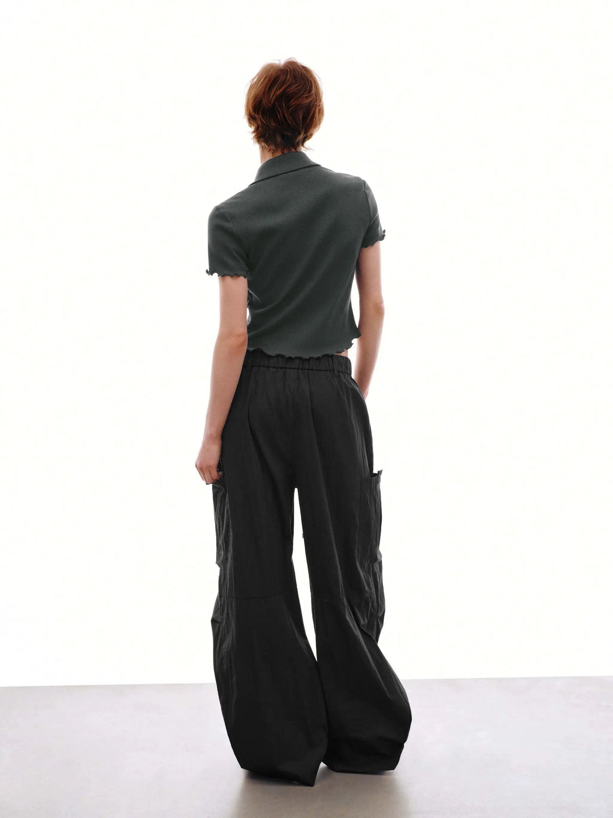Drawstring Pull On Patch Pocket Barrel Leg Pants