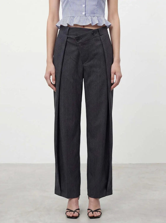Pinstripe Asymmetric Wrap Waist Pleated Wide Leg Pants