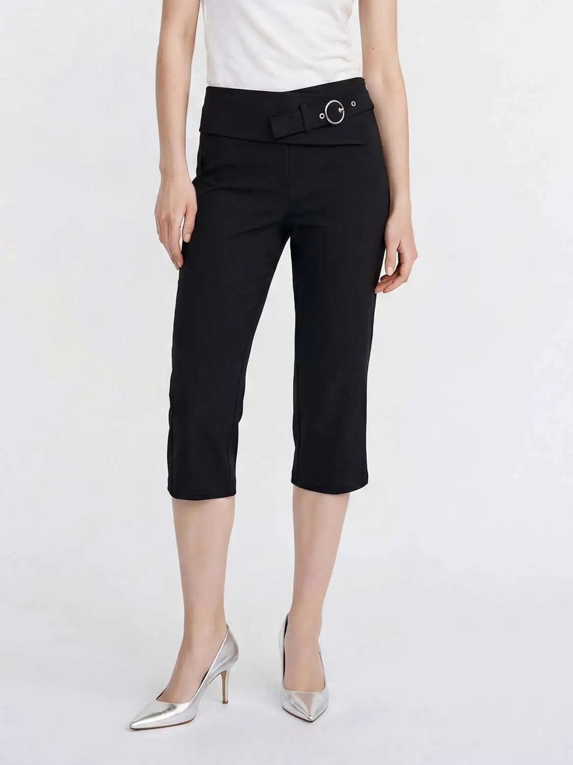 Belted Ring Buckle Cropped Straight Leg Pants