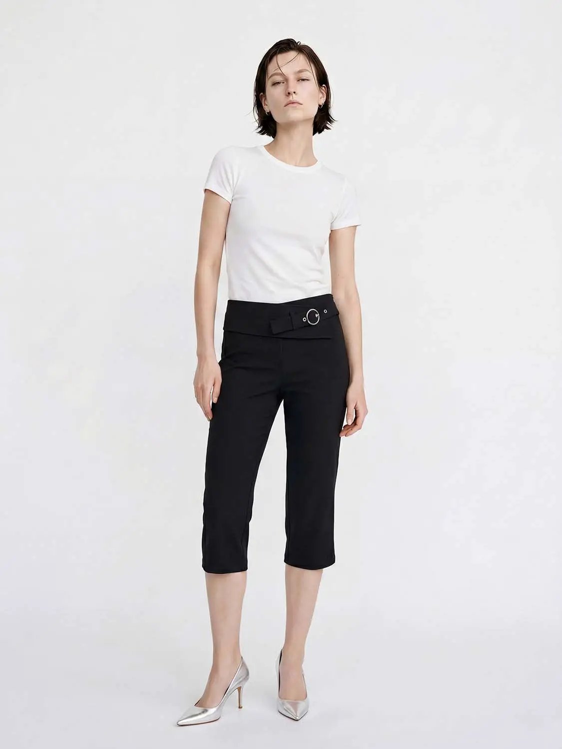 Belted Ring Buckle Cropped Straight Leg Pants