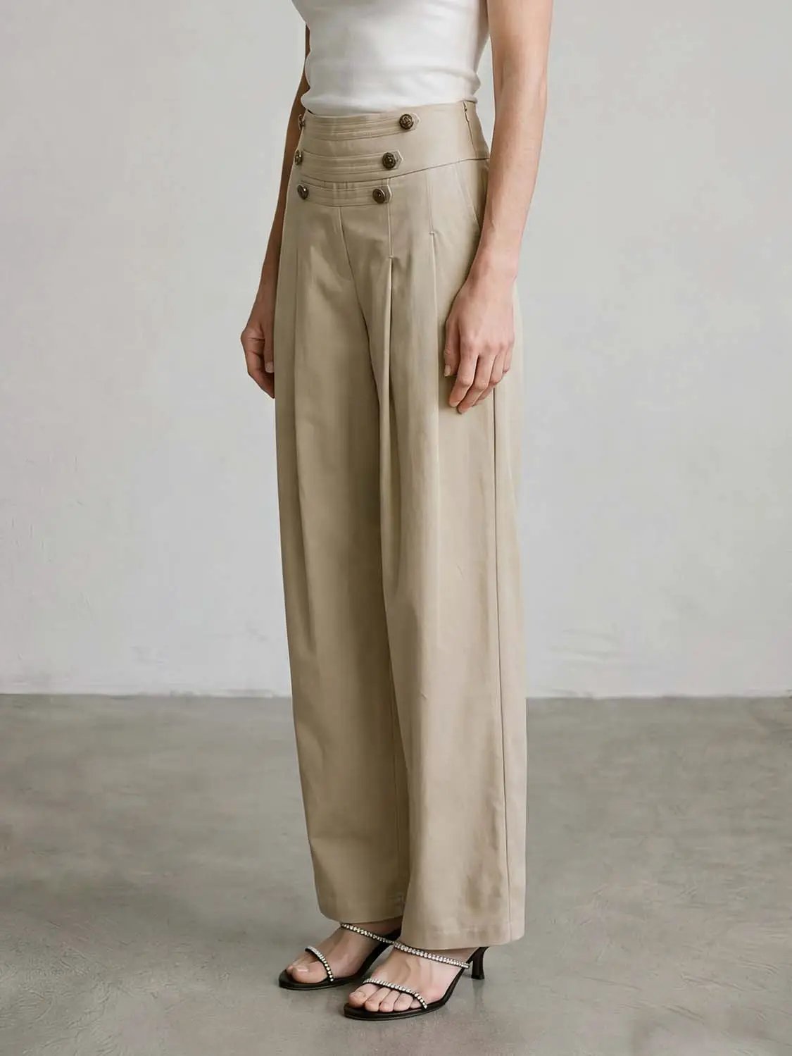 Pleated Button-Detail Waist Wide-Leg Pants