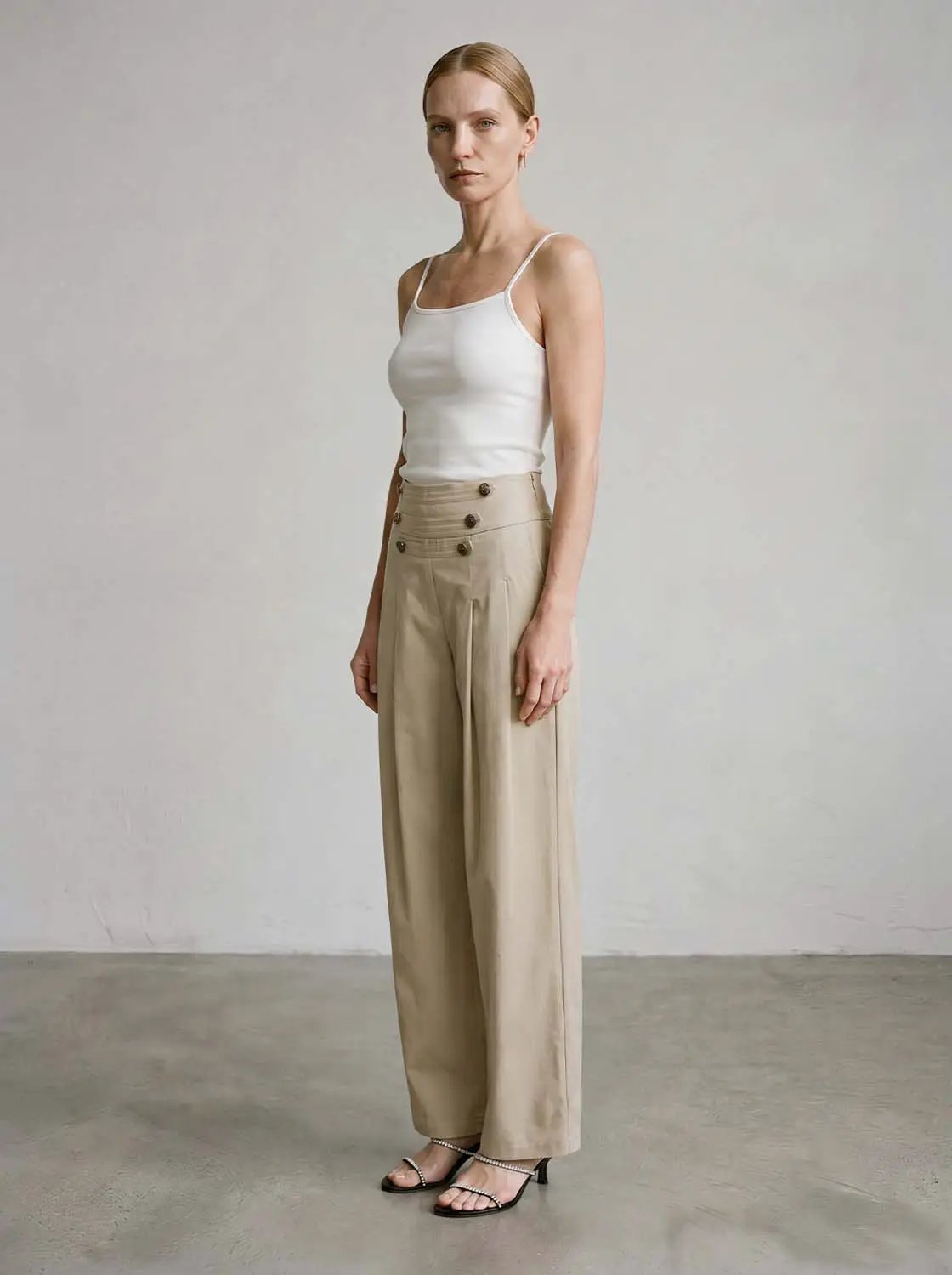 Pleated Button-Detail Waist Wide-Leg Pants