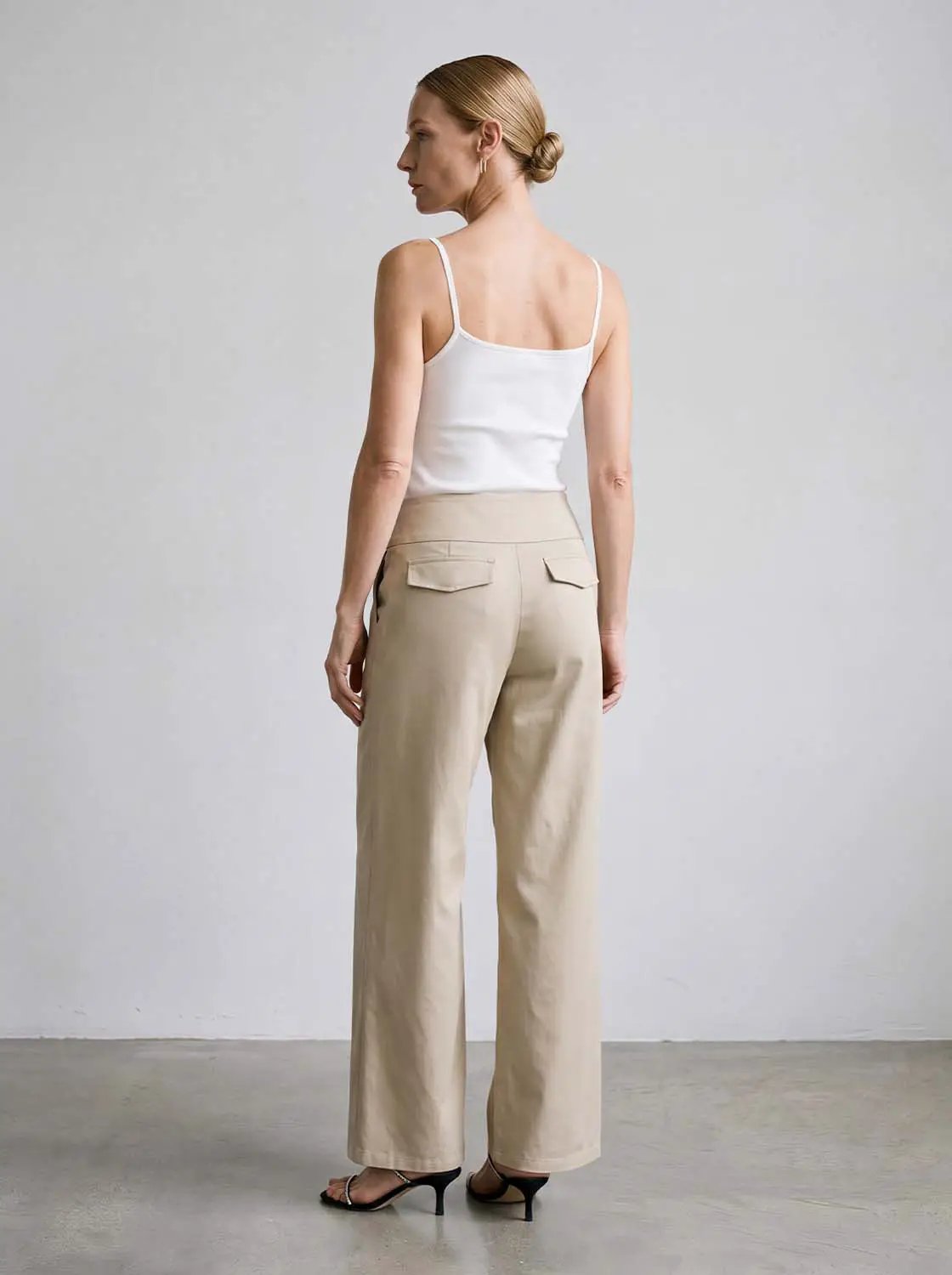 Pleated Button-Detail Waist Wide-Leg Pants