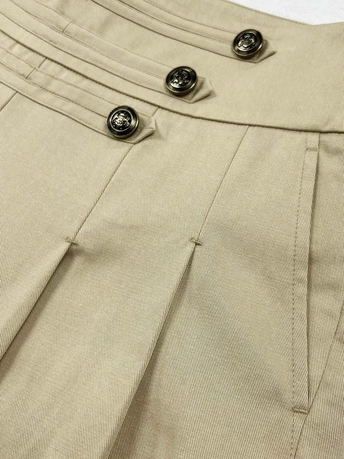 Pleated Button-Detail Waist Wide-Leg Pants