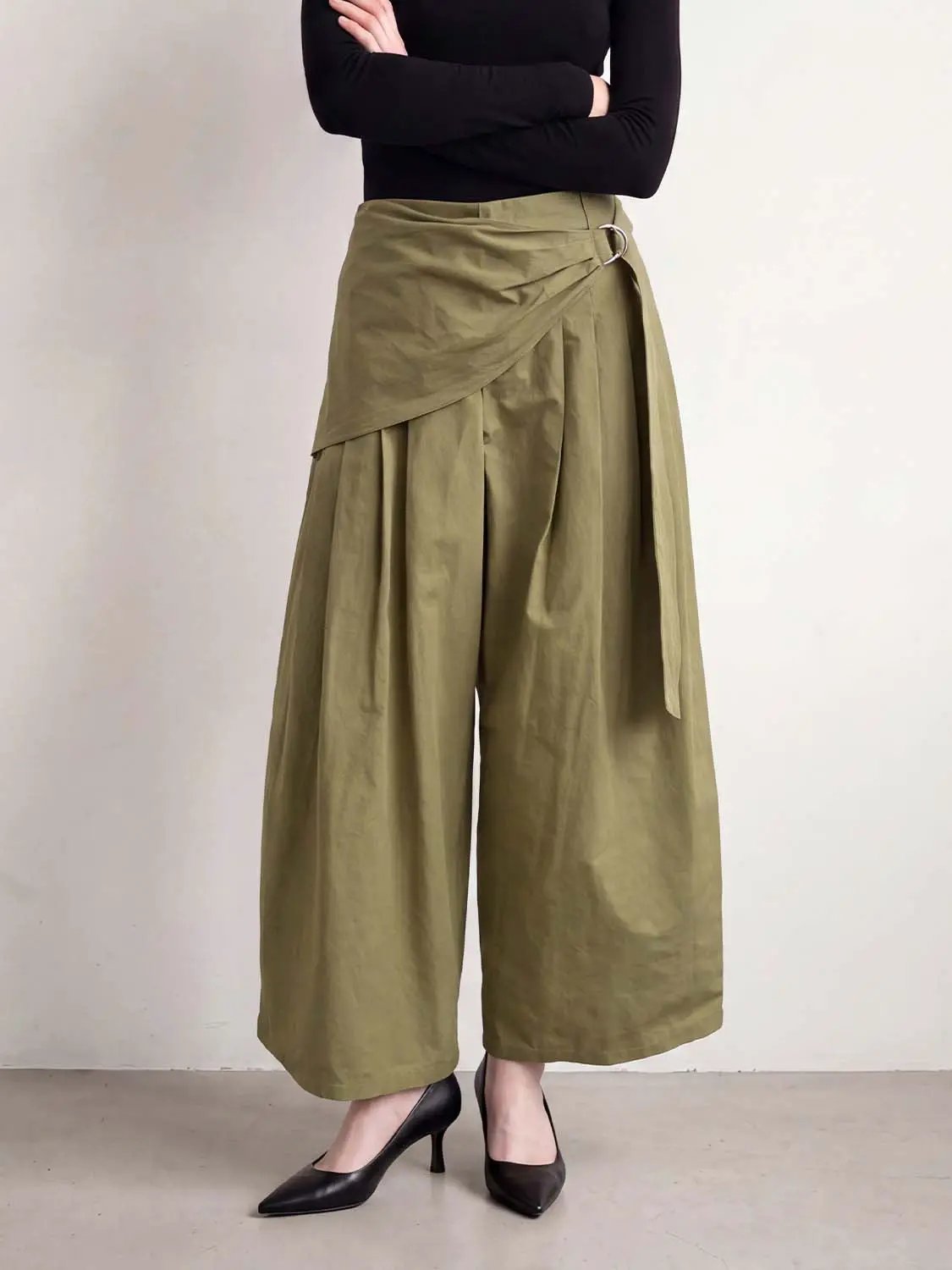 Wrap Pleated Mid-rise Cotton Wide-leg Pants