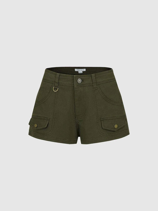 High Waist D Ring Flap Pocket Cotton Cargo Casual Shorts