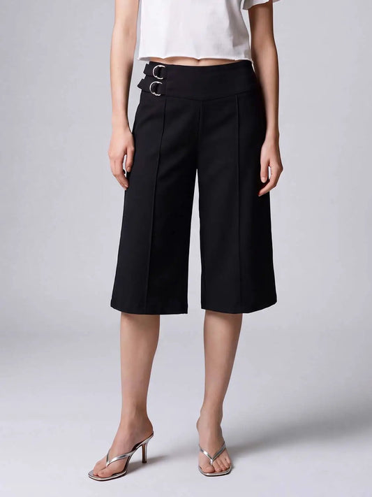 Double Buckle Pleated High-waisted Wide-leg Capri Pants