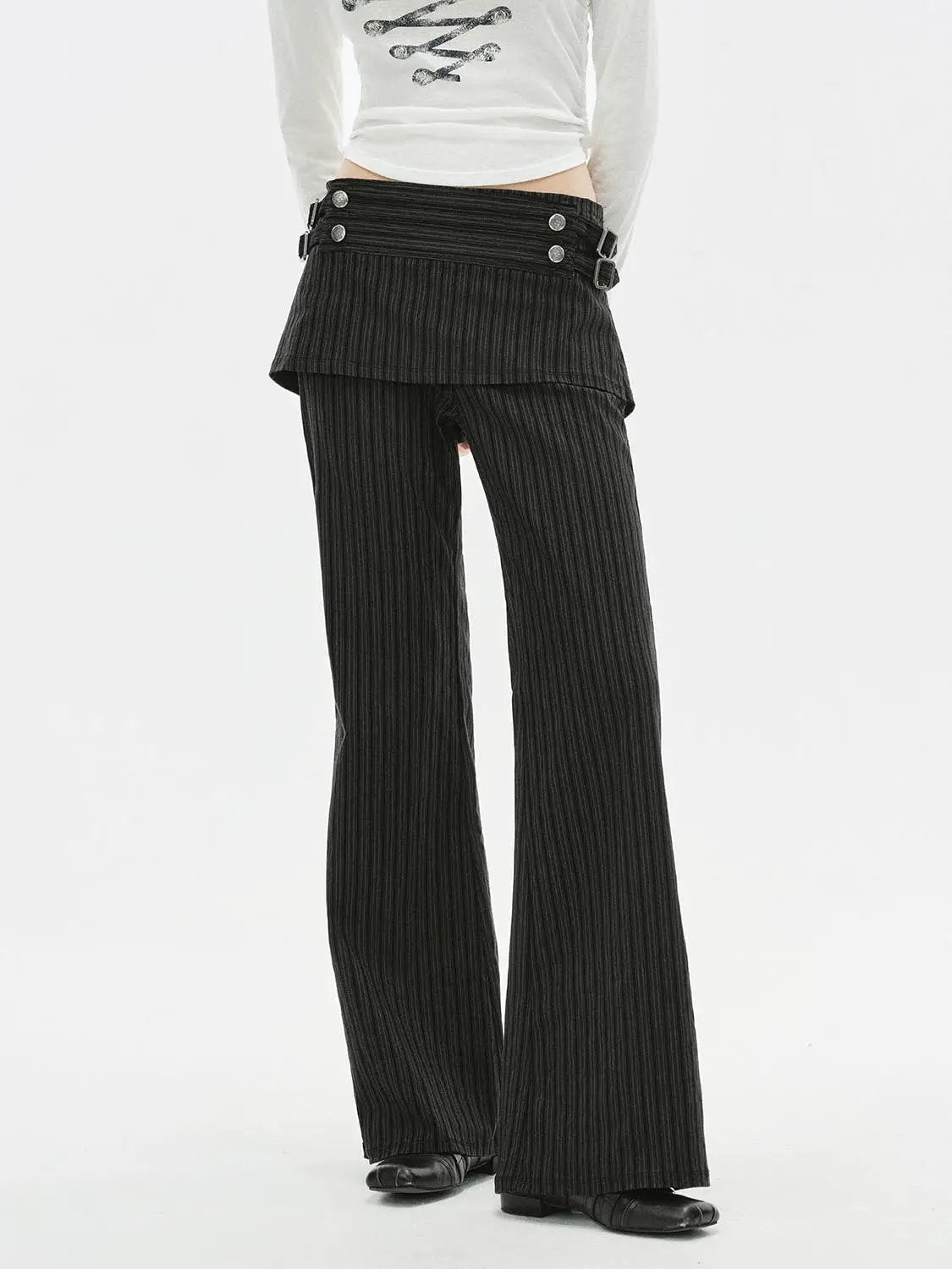 Charcoal Layered Peplum High-waisted Pinstripe Flared Pants