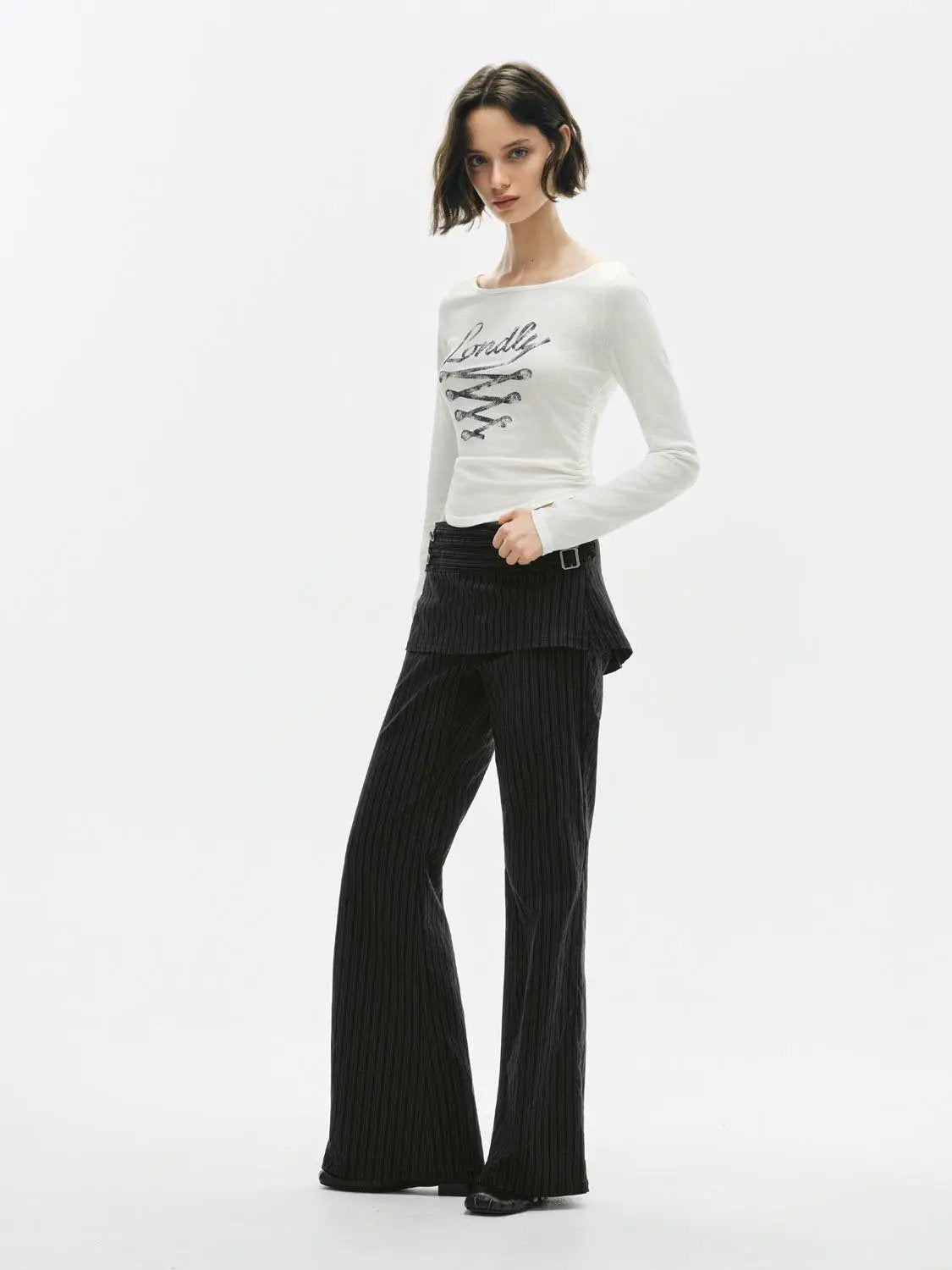 Charcoal Layered Peplum High-waisted Pinstripe Flared Pants